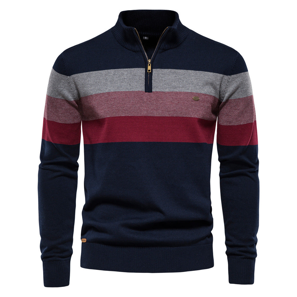 Side profile of men's colorblock half-zip sweater, great for active casual looks