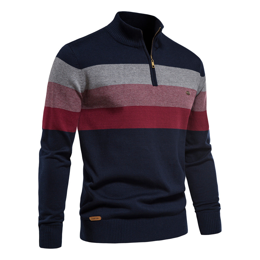 Studio shot of men's colorblock half-zip sweater, showcasing vibrant colors & fit