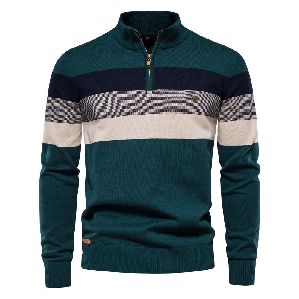Front view of men's blue & white colorblock half-zip sweater, a versatile mens fashion piece