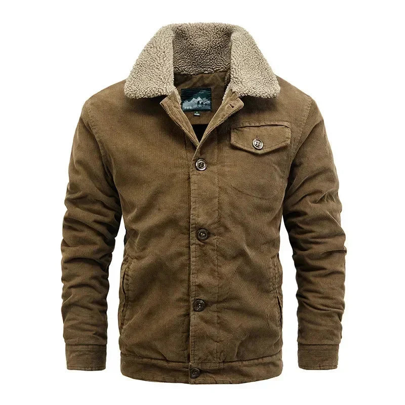 Men's corduroy sherpa lined jacket, warm fall/winter outerwear with button-front closure.
