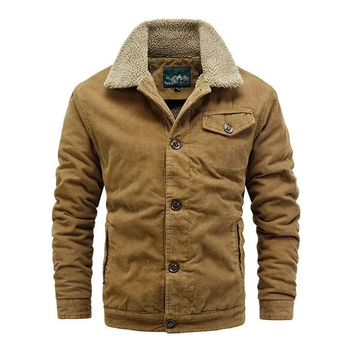 Stylish men's corduroy jacket featuring soft sherpa lining, perfect for cold weather.