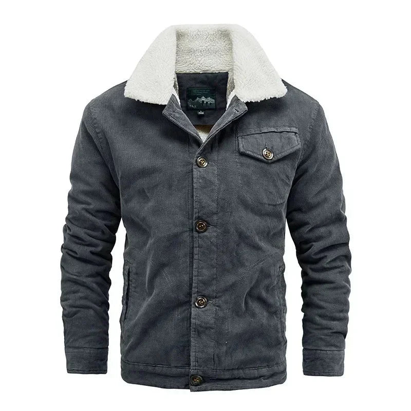 Warm men's fall jacket, corduroy fabric with plush sherpa lining for ultimate comfort.
