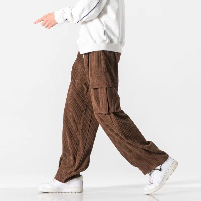 Men's corduroy wide-leg trousers in a casual style with a drawstring waist