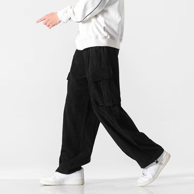 Front view of men's wide-leg corduroy trousers with an adjustable drawstring waist