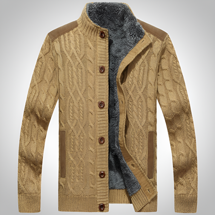 Stylish men's cable knit sweater with button-front, offering cozy warmth & comfortable, casual wear for cool weather.