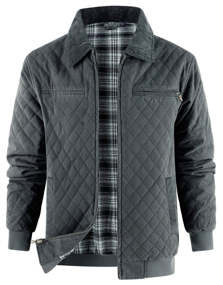 Diamond quilted men's bomber jacket, perfect transitional outerwear for a smart casual look.