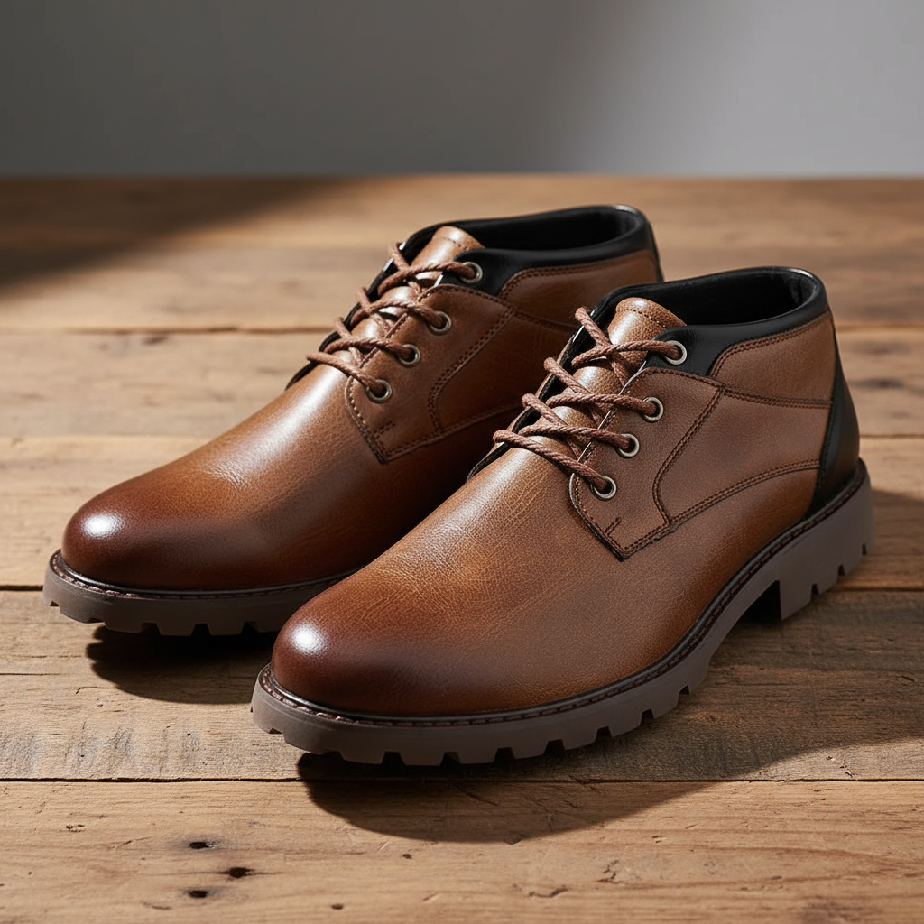 Close-up of mens black leather combat boots, showcasing durable construction and strong laces