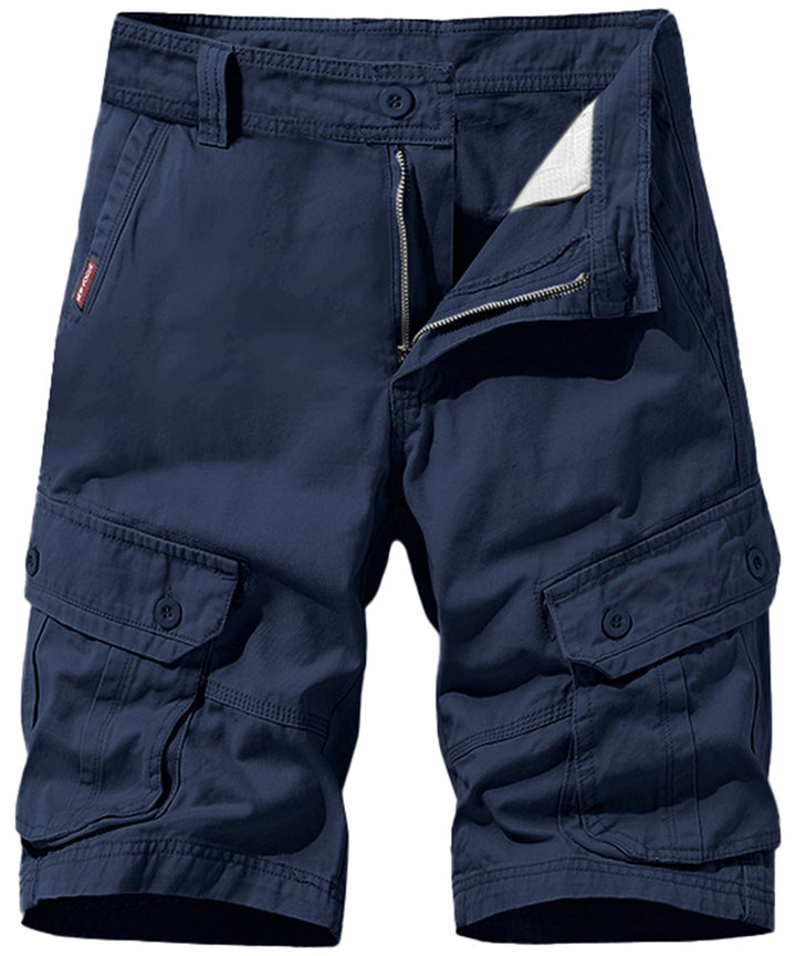 Man wearing comfortable grey cotton cargo shorts, suitable for casual wear.