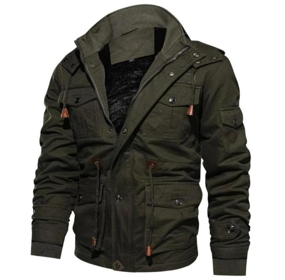Front view of a man wearing a casual pilot bomber jacket with fleece lining, ideal for cold weather