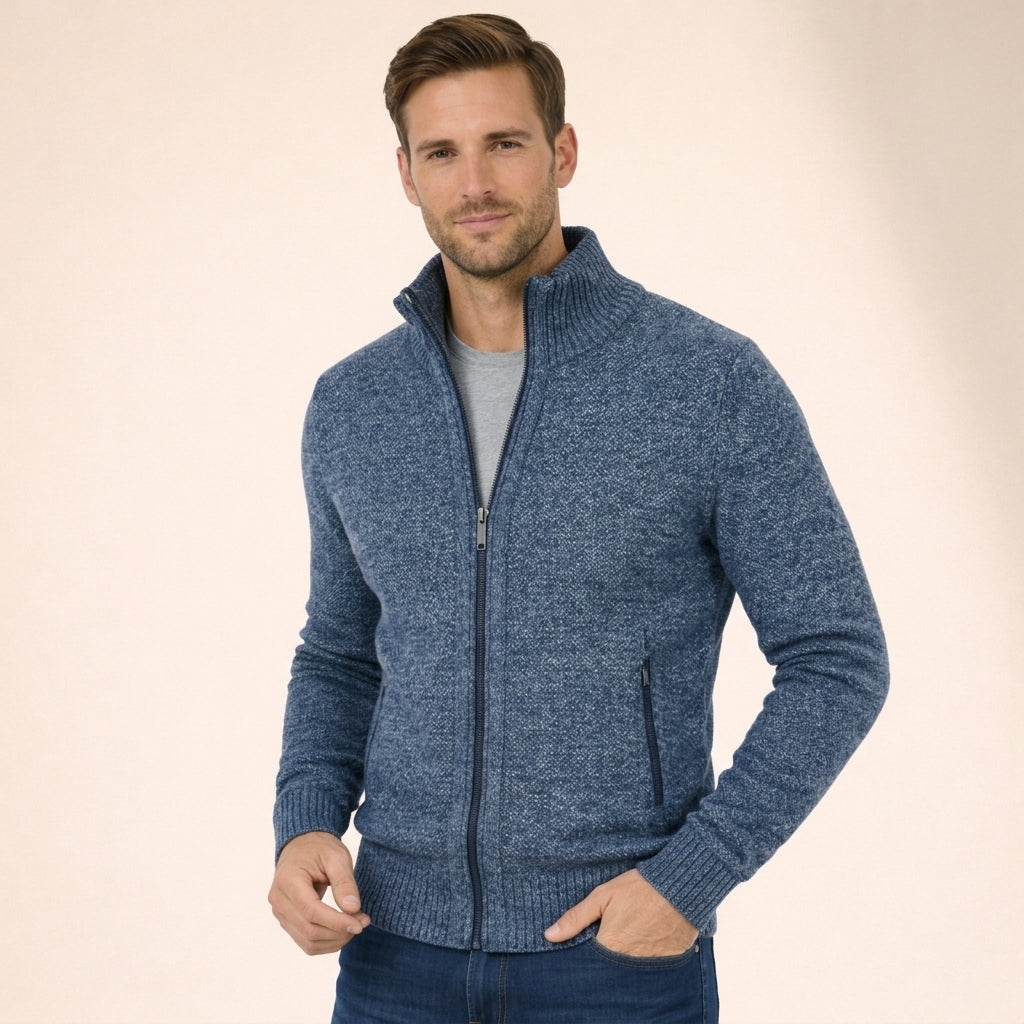 Men's elegant full zip sweater in a classic knit, perfect for sophisticated casual wear & everyday comfort.