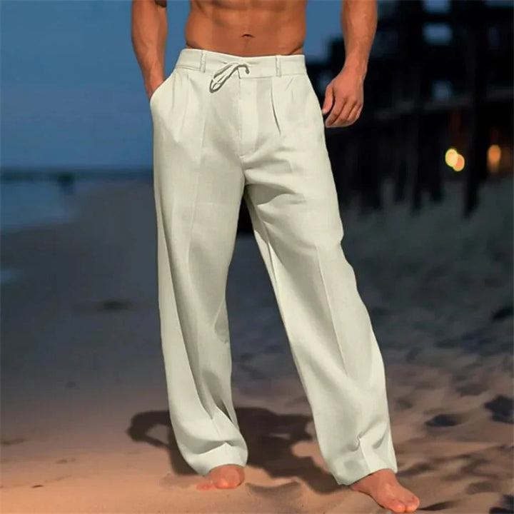 Breathable men's straight-leg linen trousers in khaki. Elegant summer dress pants offering casual comfort.