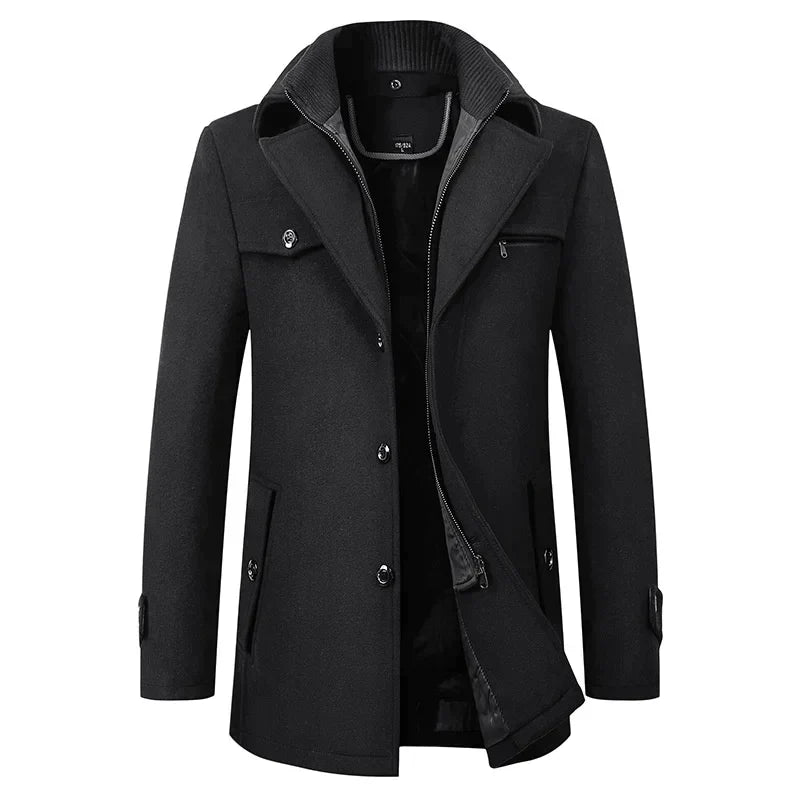 Men's elegant long button overcoat in classic black wool, perfect for winter outerwear and tailored fashion.