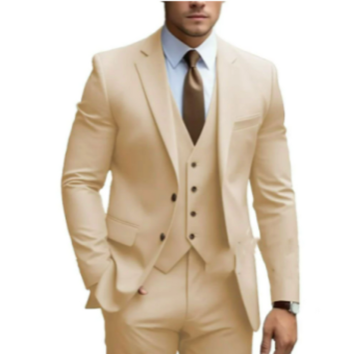 Stylish men's tailored slim-fit three-piece suit, showing modern design for business fashion and formal events.