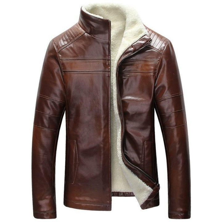 Men's winter coat: black faux leather moto jacket with luxurious fur lining for warmth