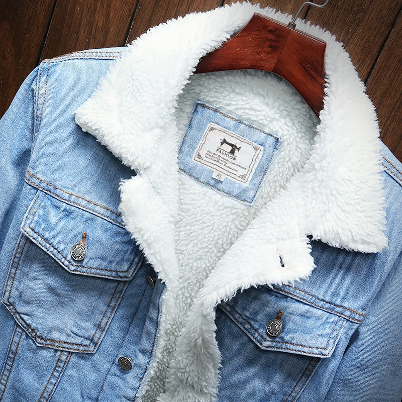Men's fleece-lined retro denim jacket, Samuel, for warm fall & winter casual wear.