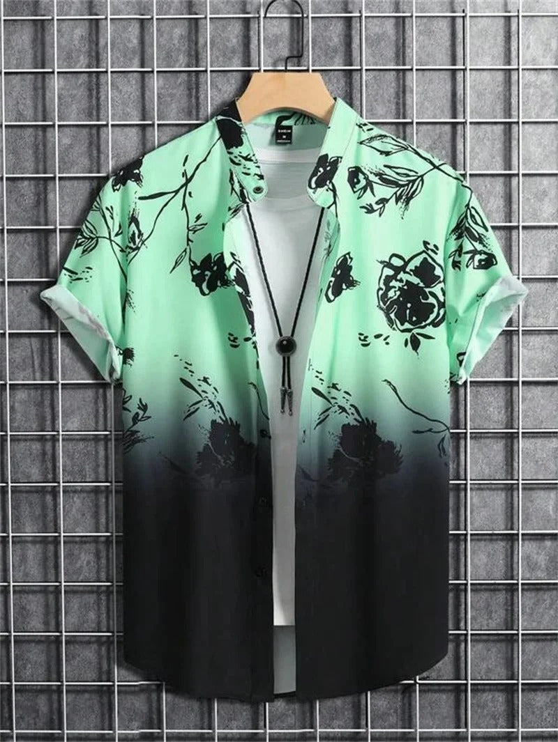 Stylish men's floral print short-sleeve top, relaxed fit, camp collar, perfect for summer casual fashion.
