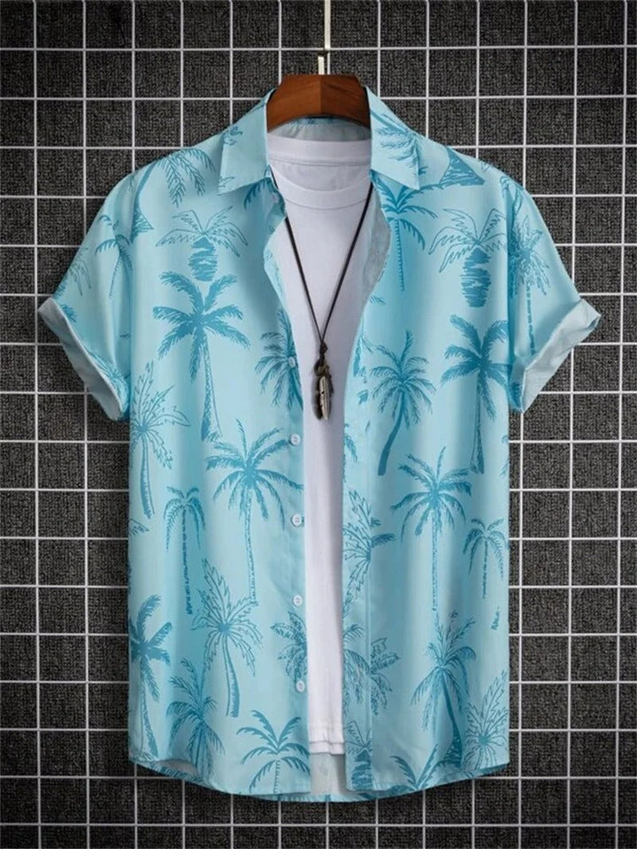 Vibrant floral print men's short-sleeve shirt, camp collar, casual button-down, summer style.