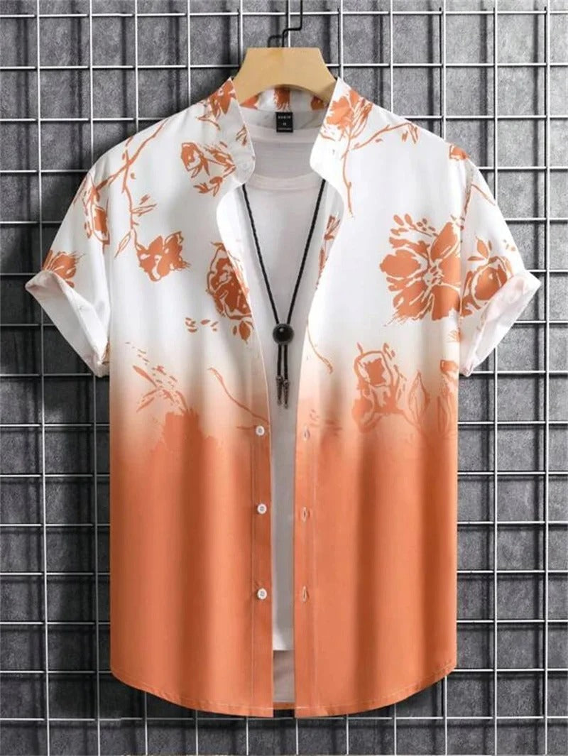 Lorenzo men's short-sleeve floral print shirt, camp collar, casual summer button-down.