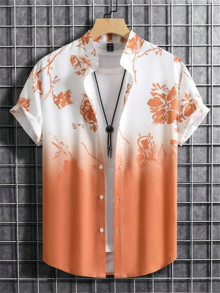 Lorenzo men's short-sleeve floral print shirt, camp collar, casual summer button-down.