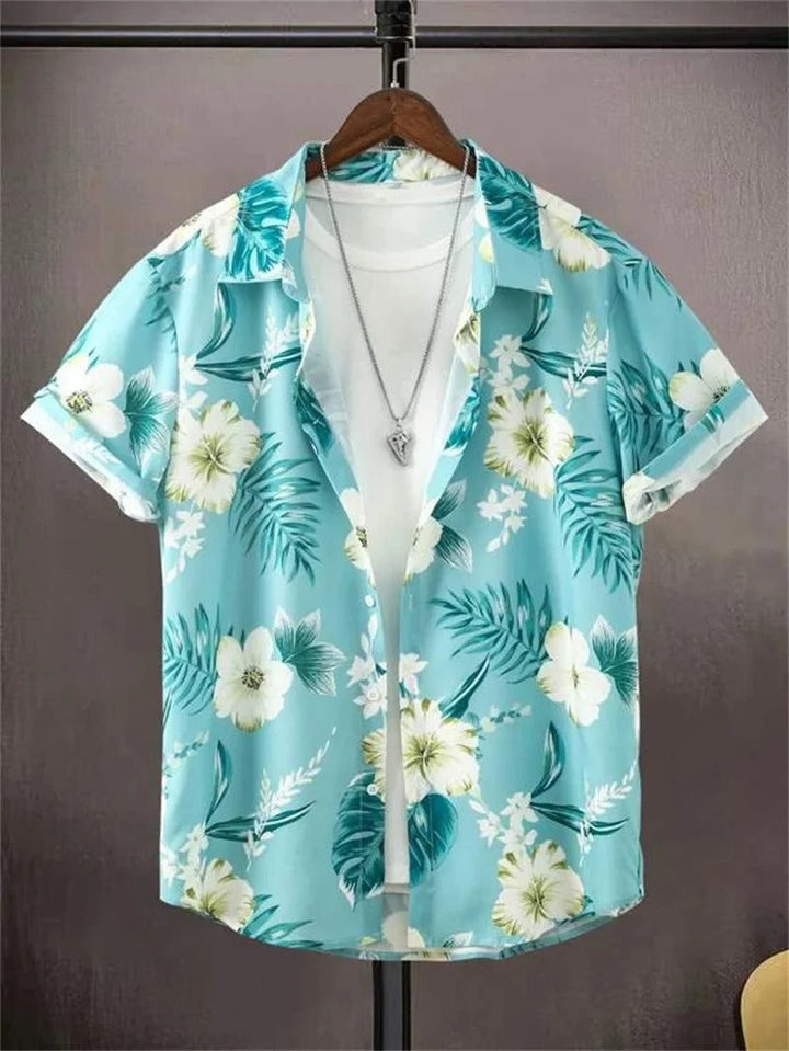 Summer-ready men's floral print short-sleeve shirt, casual button-down, camp collar.