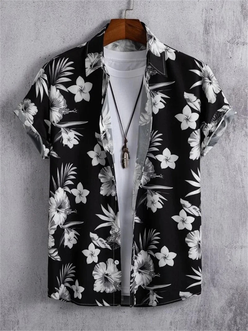 Lorenzo men's floral print short-sleeve shirt, stylish camp collar, relaxed fit for summer.
