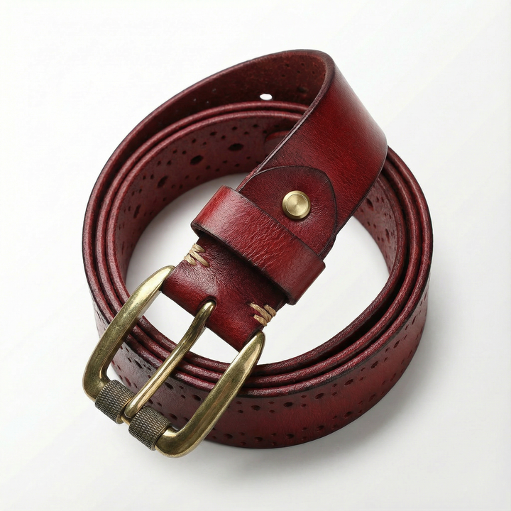 Men's genuine leather belt, natural finish, with a brushed solid brass buckle, durable waist accessory