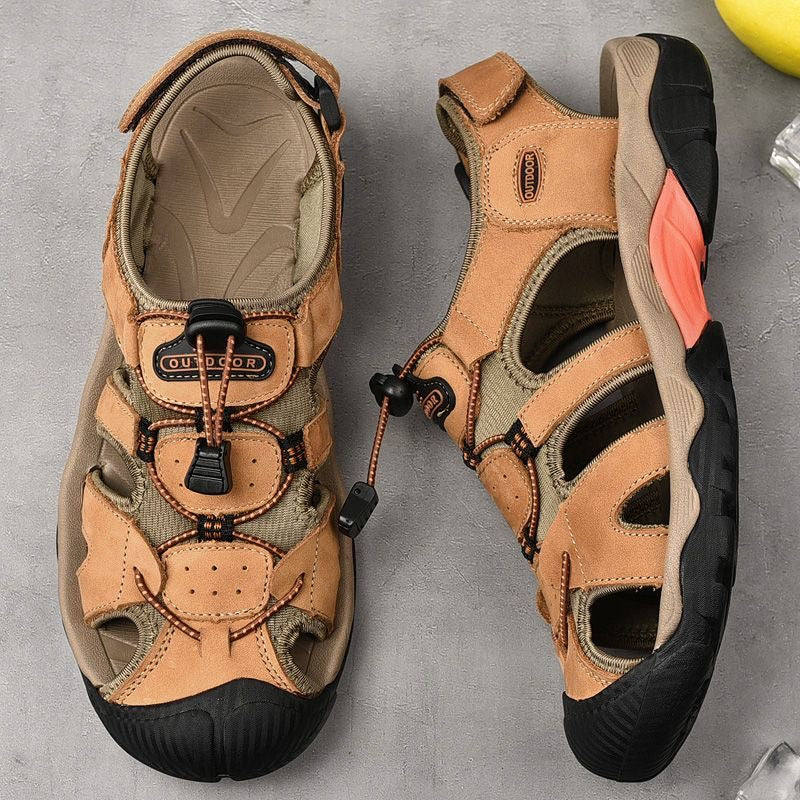 Back view of men's leather arch support sandals, showing heel strap and durable sole