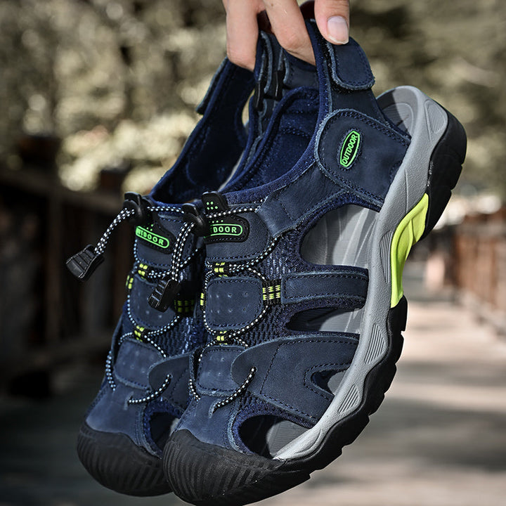 Arrangement of men's genuine leather arch support casual sandals, ready for outdoor adventures