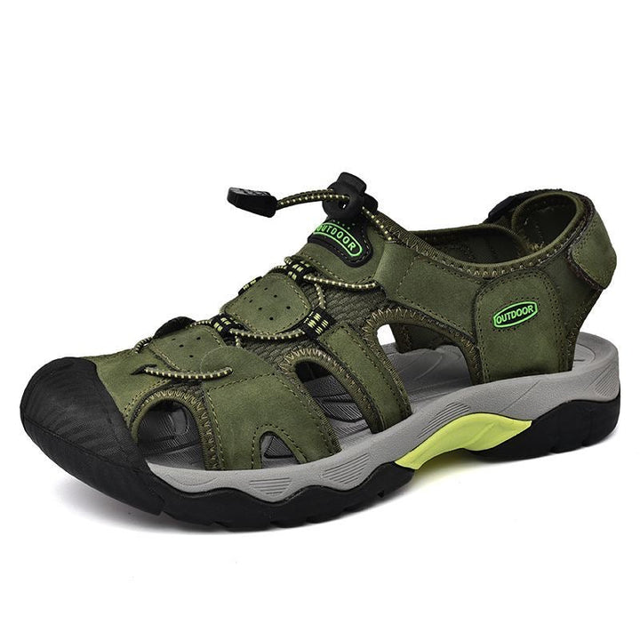 Top-down view of men's leather fisherman sandals, showcasing the full design and arch support