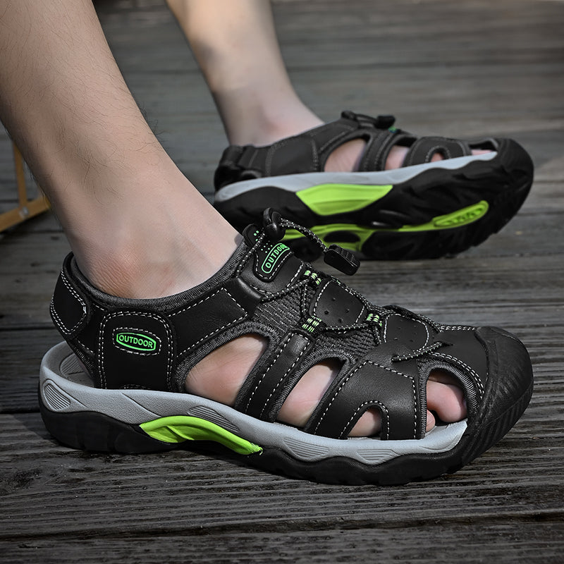 Close-up on the quality stitching of men's genuine leather arch support outdoor sandals