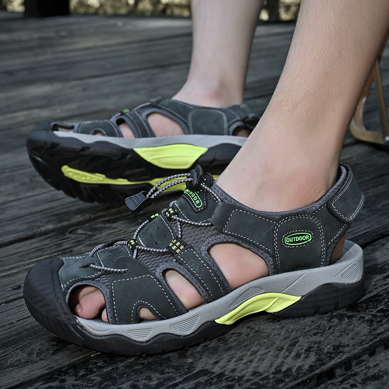 Vibrant close-up of the genuine leather texture on men's arch support fisherman sandals