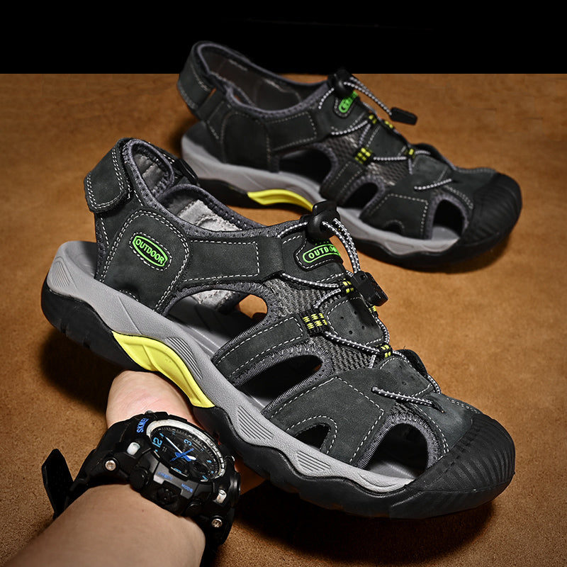 Close-up of the interior lining of men's arch support genuine leather fisherman sandals