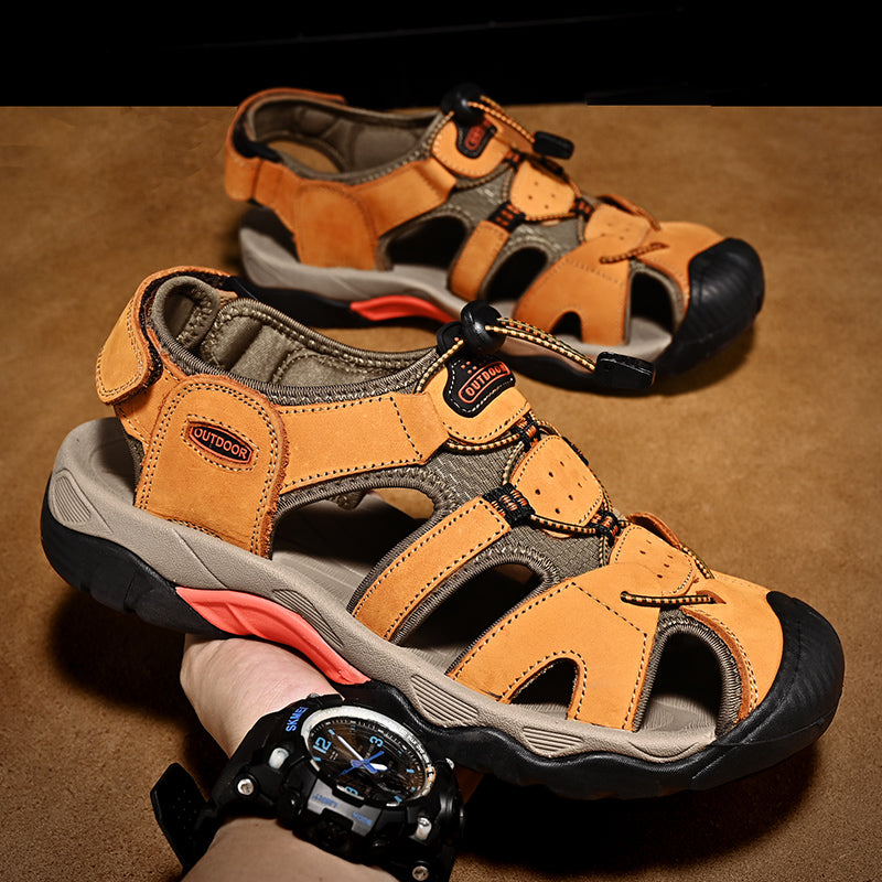 Men's outdoor leather arch support sandals, fisherman design, shown wet after a water activity