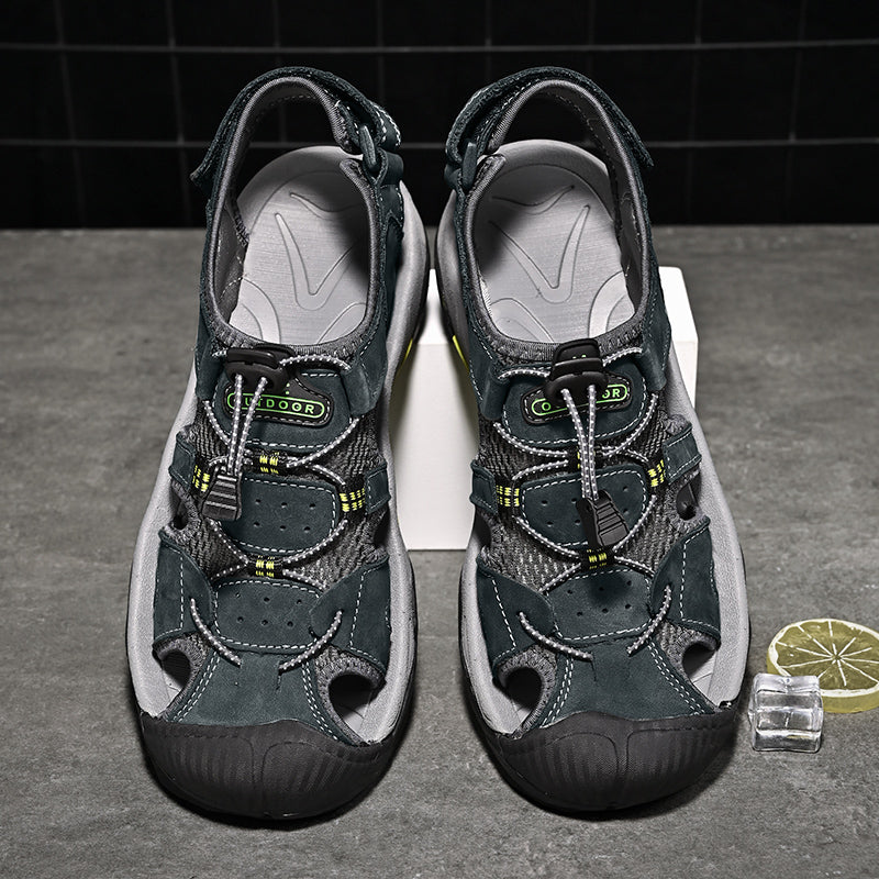 Men's genuine leather outdoor sandals in a dark tone, with significant arch support detail