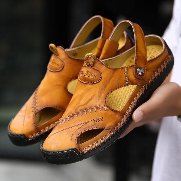 Back view of men's hand-stitched leather summer sandals, showcasing heel support.