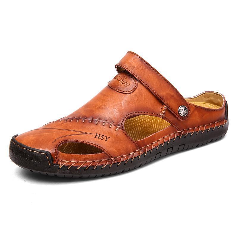 Men's genuine leather closed-toe sandals in a warm, inviting outdoor setting.