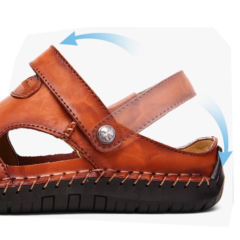 Men's closed-toe leather outdoor sandals with soft sole, top-down view, comfortable footwear.