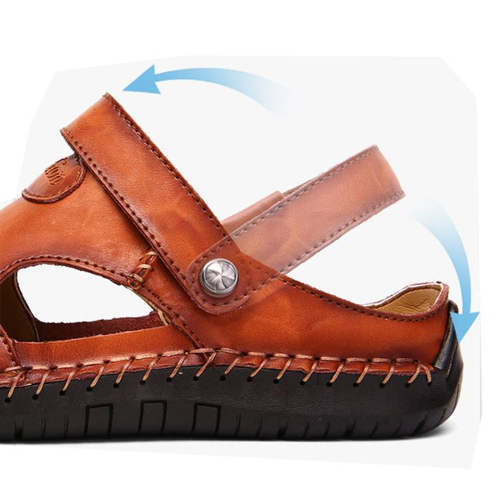 Men's closed-toe leather outdoor sandals with soft sole, top-down view, comfortable footwear.