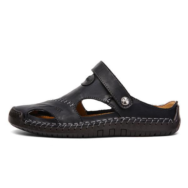 Pair of men's genuine leather casual sandals, side by side, closed-toe design.