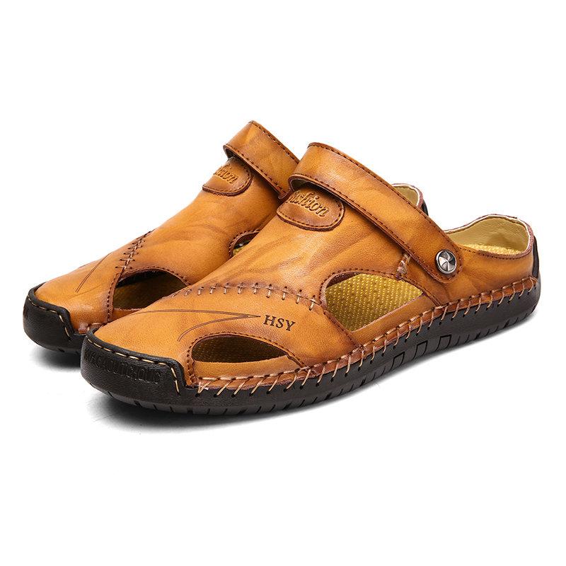 Men's closed-toe leather sandals styled for summer and casual outdoor activities.