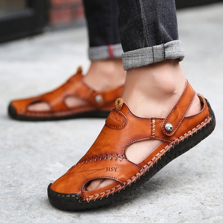 Men's genuine leather sandals, closed-toe design, showcasing the comfortable interior.