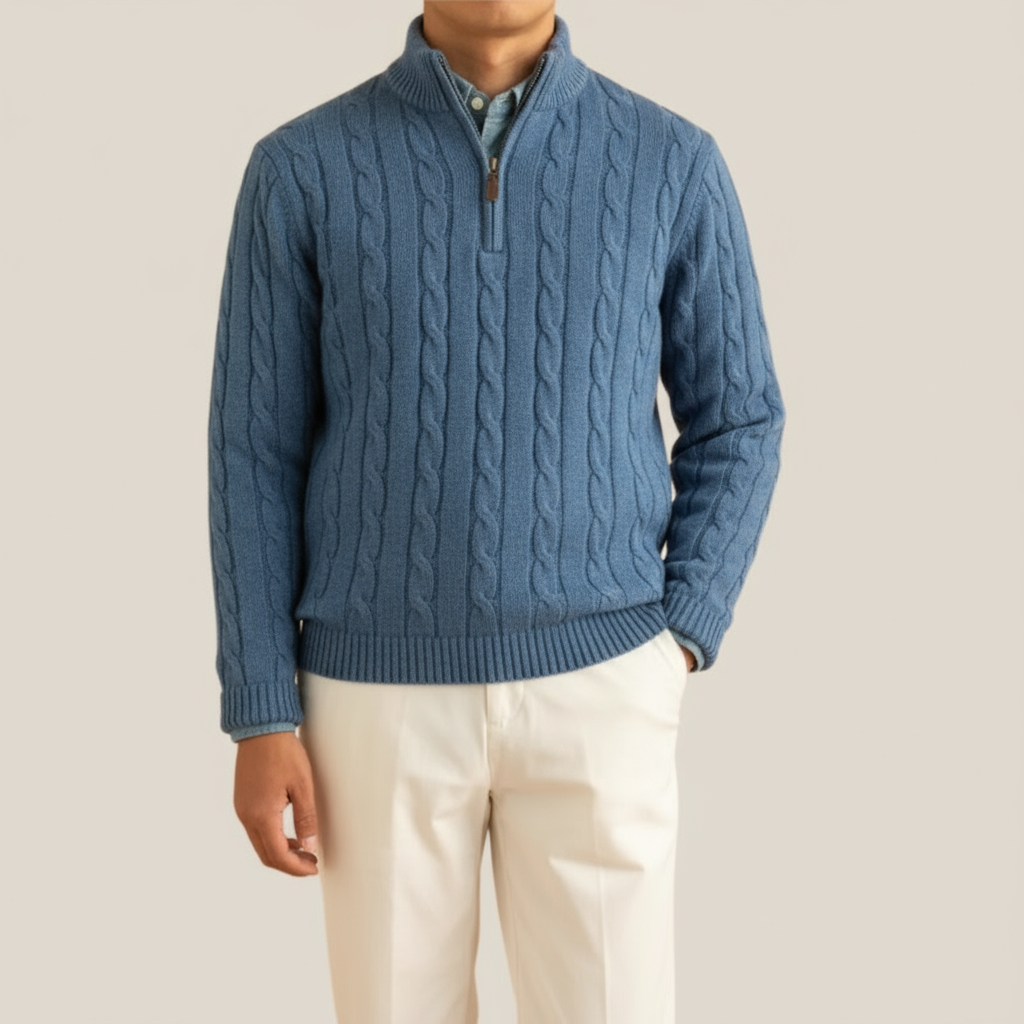 Stylish long sleeve men's cable knit half zip pullover, perfect for casual mens apparel