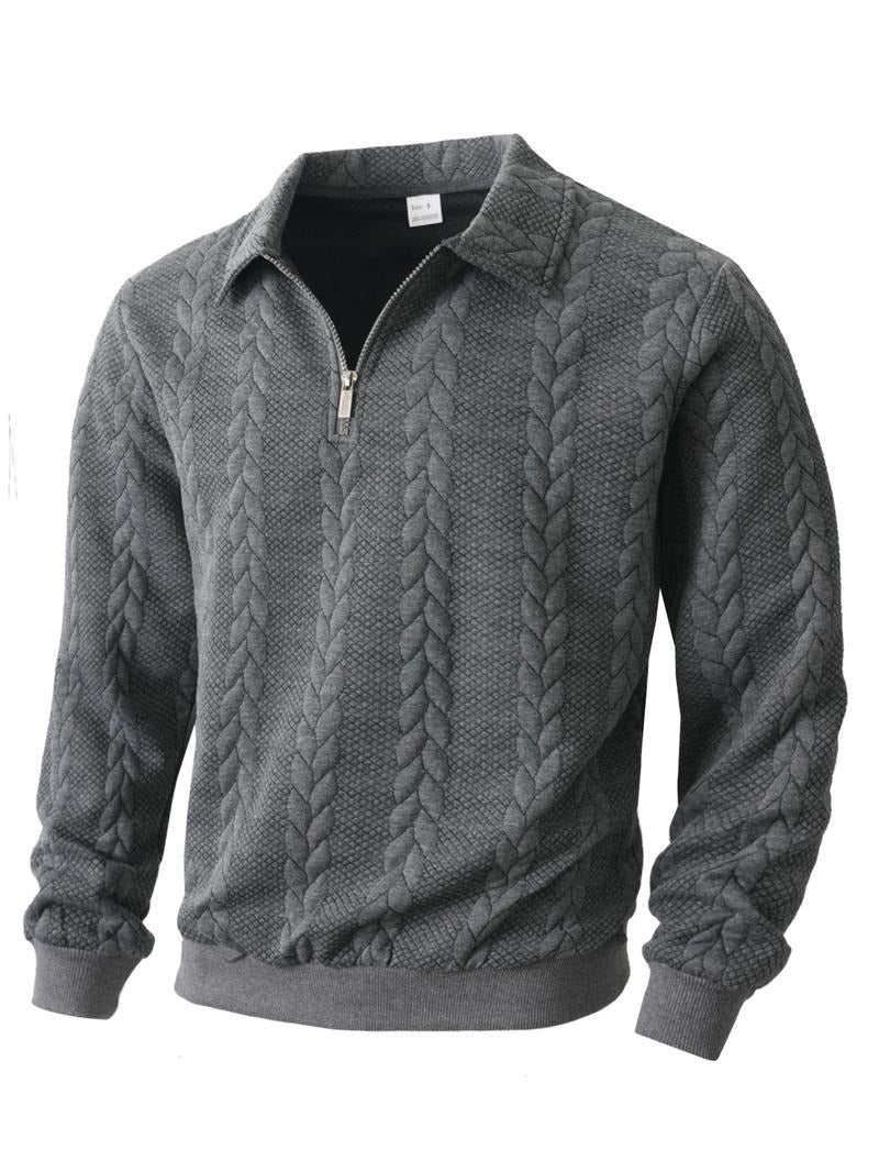 Men's heather grey half-zip knit pullover sweater, ideal for casual winter fashion.