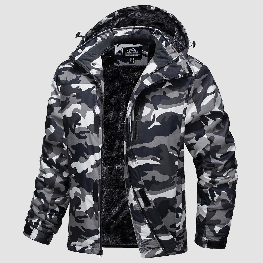 Side profile of men's water-resistant hiking jacket, showcasing its technical outdoor features.