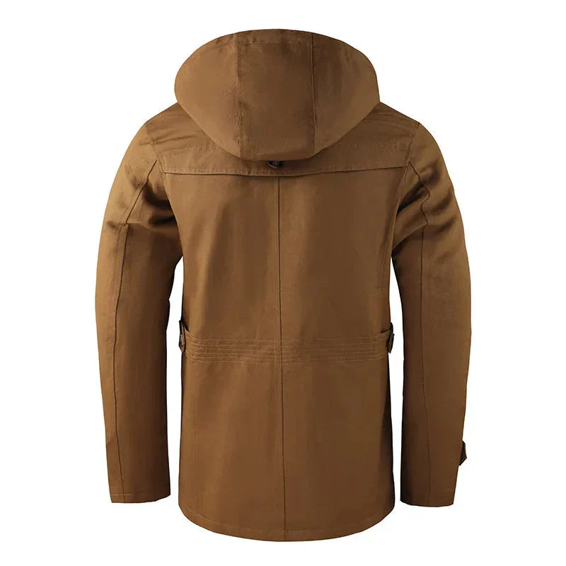 Front view of men's insulated mid-thigh parka jacket, a stylish and warm polyester winter coat.
