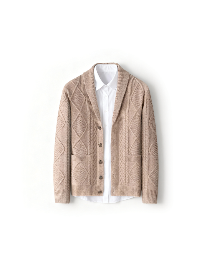 Men's knitted wool cardigan in a classic fit, perfect for comfortable layering and minimalist style.