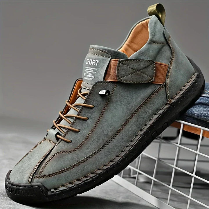 Mens comfort orthopedic leather sneakers in black, perfect for everyday casual wear and foot health.