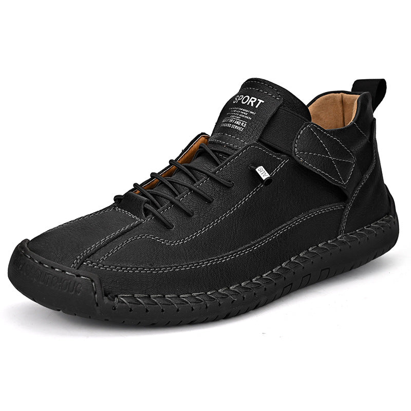 Back view of men's wide fit orthopedic leather sneakers, black, showcasing heel support.