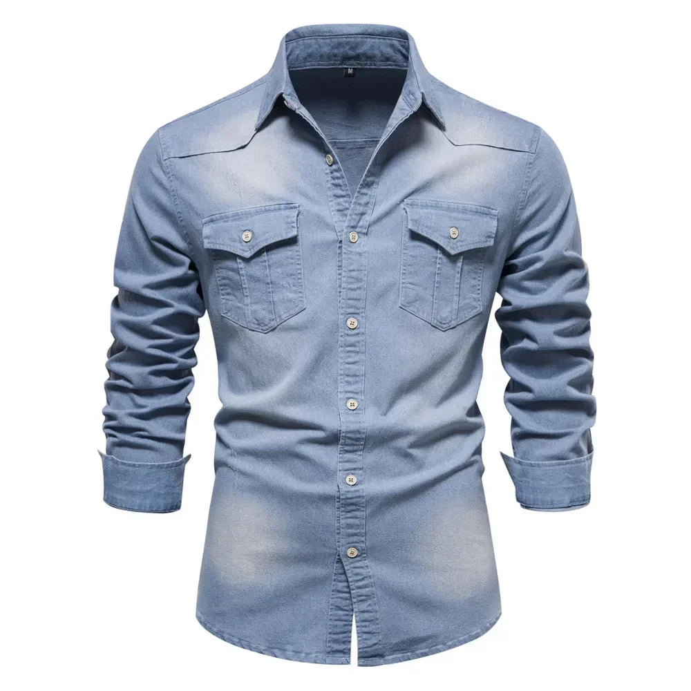 Long sleeve light blue denim button-up shirt, perfect for men's casual wear.