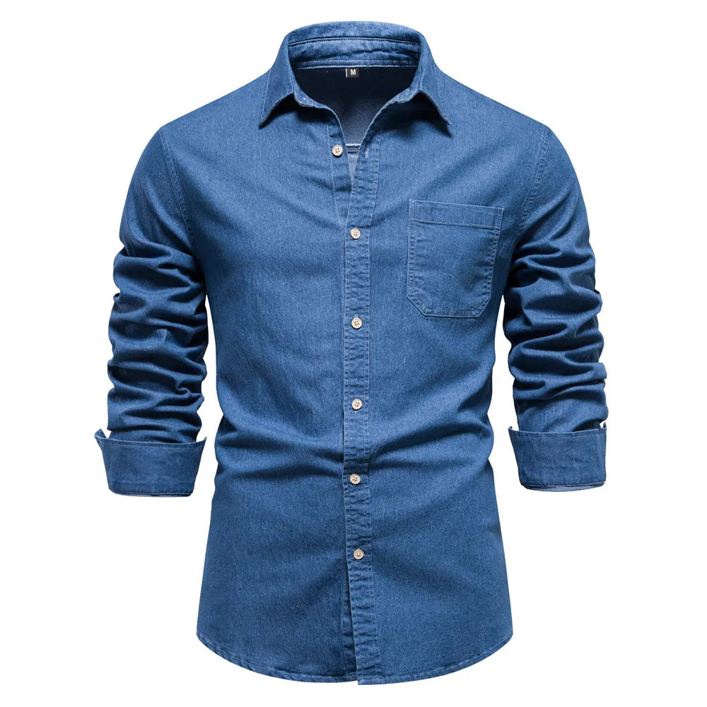 Casual men's long sleeve light blue denim shirt, a wardrobe essential.